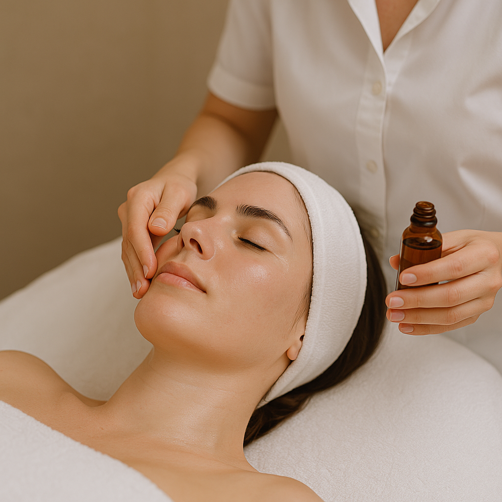Frau entspannt bei einer aromatischen Gesichtsbehandlung mit ätherischem Öl im Beautyla Schönheitsinstitut in Wien