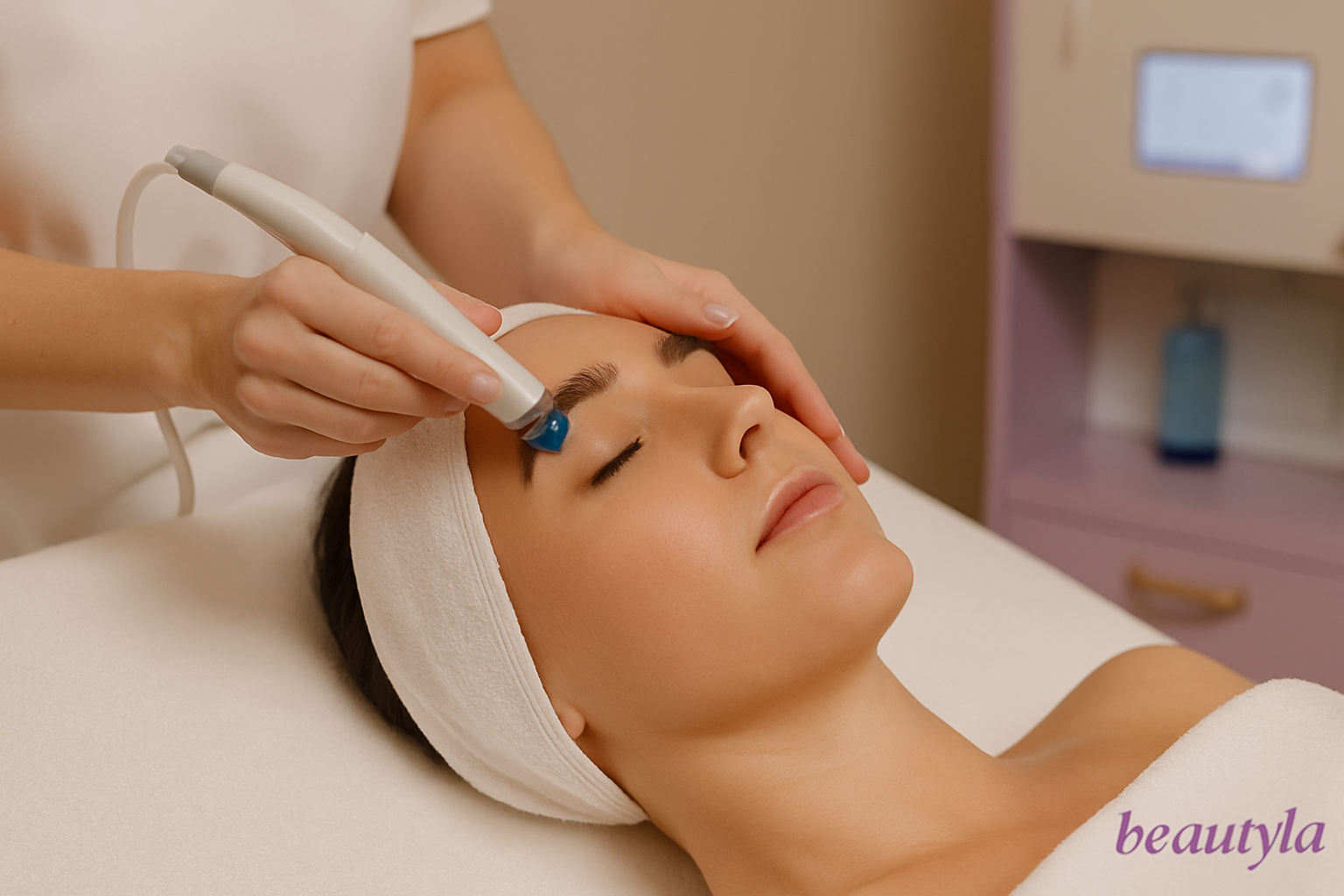 Kosmetikerin führt HydraFacial-Behandlung mit Gerät im Beautyla Schönheitsinstitut in Wien durch – Hautpflege kombiniert mit moderner Technik