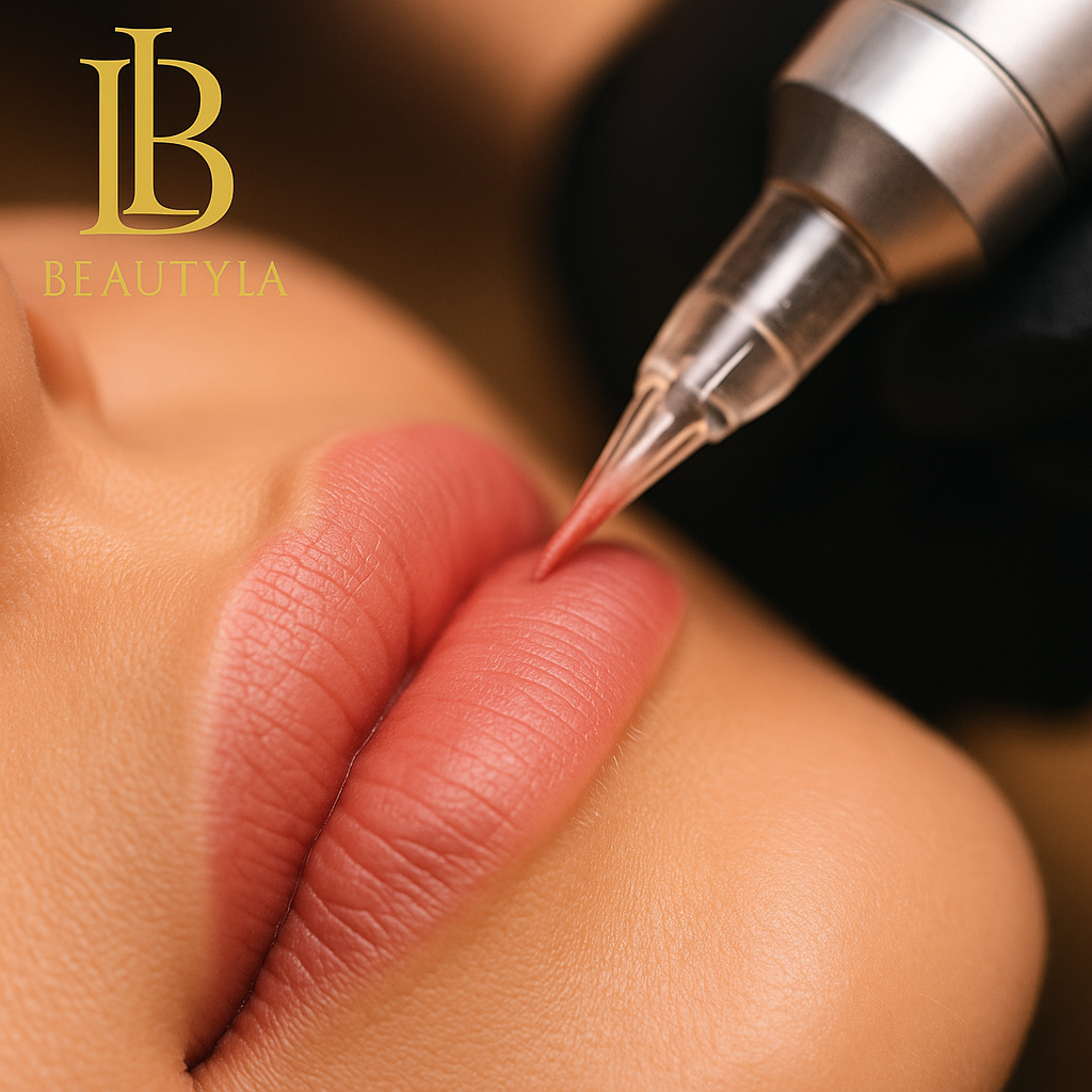 Permanent Make-up Behandlung der Lippen mit feiner Nadel im Kosmetikstudio